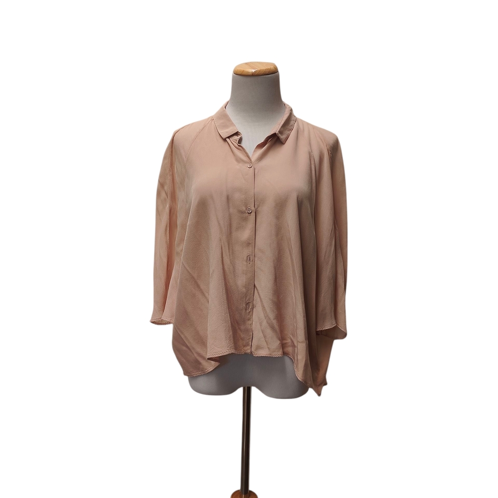 Aritzia Silk Wilfred Relaxed Pink 3/4 Sleeve Notched Collar Blouse